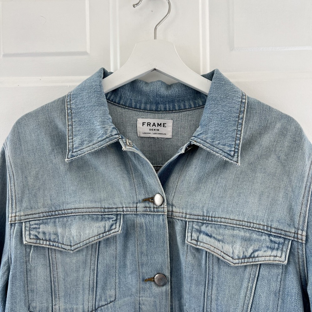 Frame Embroidered Cuffed Jean Jacket Denim Rydell Ave Logo Light Womens Sz Large - Picture 13 of 16